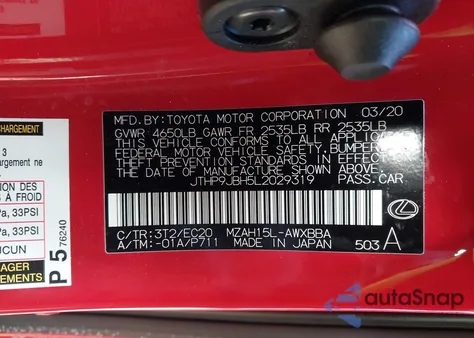 2020 Lexus Ux 250H from USA, damaged, VIN JTHP9JBH5L2029319